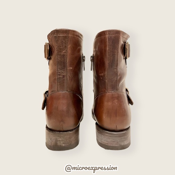 Frye Vicky Engineer Moto Brown Real Leather Belted Vintage Mid Calf Ankle Boot - Picture 13 of 16